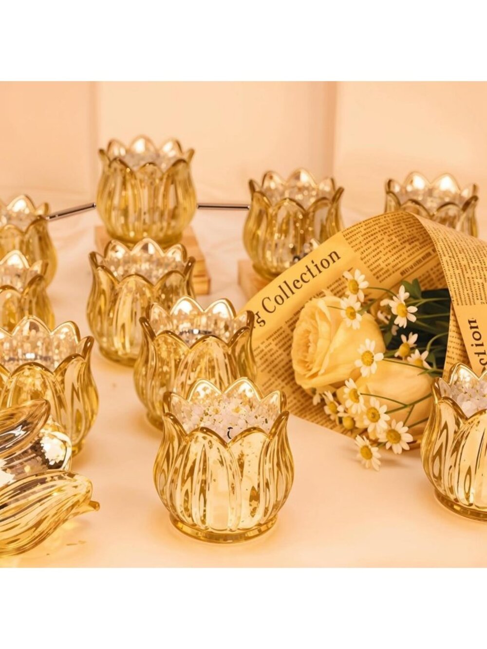 Tulip Votive Candle Holders Set of 12, Glass, Gold